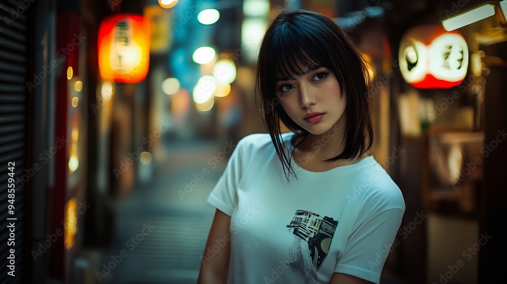 Sticker A woman in a white shirt standing in an alleyway at night