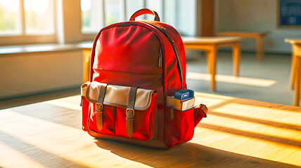 A school bag with a sleek, high-tech design, with a colorful, nostalgic feel.