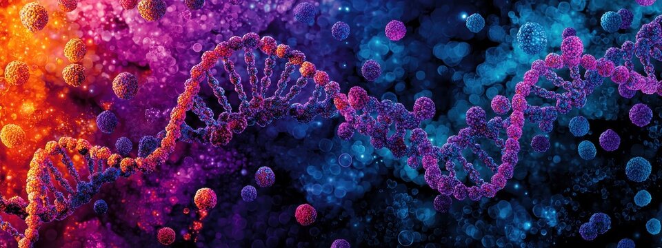 A depiction of symbiotic evolution, where microorganisms and their hosts co-evolve, with DNA strands intertwining to symbolize the deep, interconnected history of life