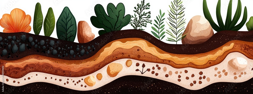 Poster a detailed cross-section of soil showing different layers filled with diverse microorganisms, each c