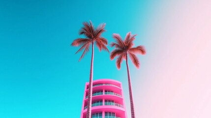 dramatic lighting on miami beach vintage poster hyper realistic pink turquoise buildings palm trees