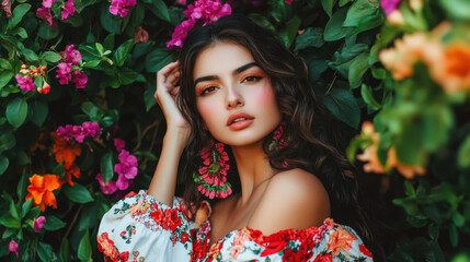 Fototapeta premium Photo of a stunning Mexican woman in stylish urban outfit surrounded by a variety of flowers