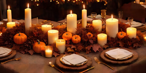 Festive Autumn Table Setting with Candles and Pumpkins Against Fall Window View