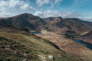 Welsh mountain views, Tryfan and Ogwen Valley and Ogwen Lake