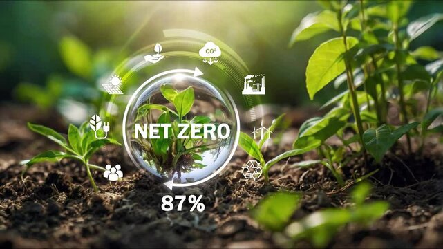 Circular economy concept for future business growth and environmental sustainability and reduce pollution for future business and environmental growth.Globe Glass with Net zero icons In Green Forest.