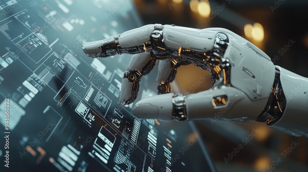 Poster A robot hand is pointing at a computer screen with a lot of numbers and lines