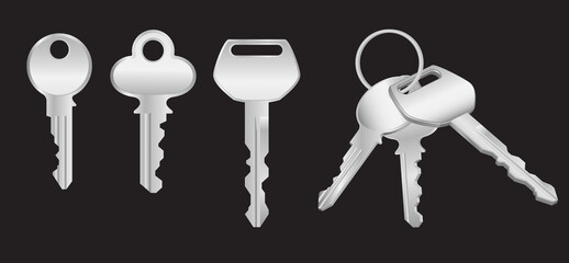 an illustration of a collection of different types of keys, including single keys and a set of keys on a keyring.