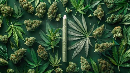 Overhead flat lay of a rolled cannabis joint surrounded by fresh cannabis buds and leaves