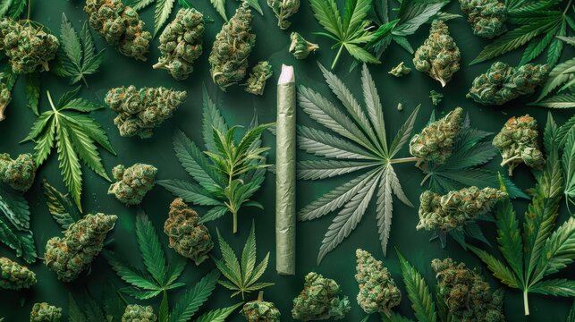 Overhead flat lay of a rolled cannabis joint surrounded by fresh cannabis buds and leaves