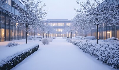 Snow-Covered Corporate Campus with White Blanketed Pathways and Serene Atmosphere, Cold and Crisp Winter Scene, Photo Realistic