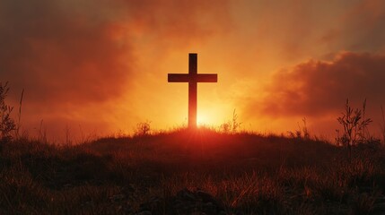 A cross silhouetted on a hill at sunset in a watercolor style, evoking profound symbolism of sacrifice and redemption in Christianity.