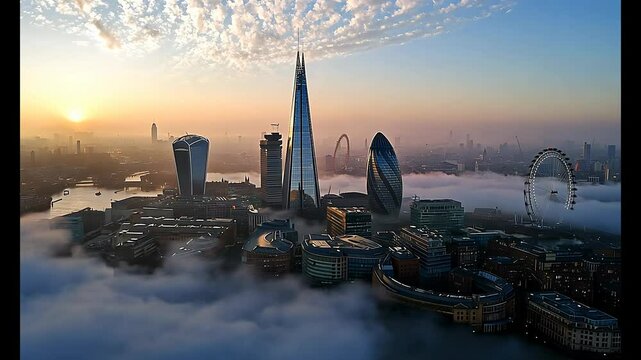 Aerial view of London skyline with iconic buildings emerging from the morning fog.