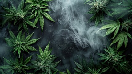 Cannabis leaves surrounded by swirling smoke on a dark backdrop showcasing nature's beauty