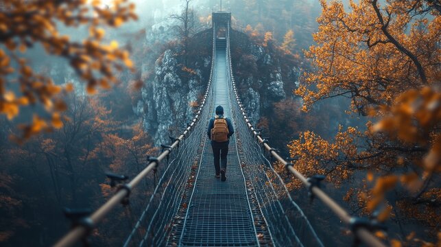 A person walks across a suspension bridge on a clear day with a vast chasm below, symbolizing the overcoming of acrophobia and fear of heights.