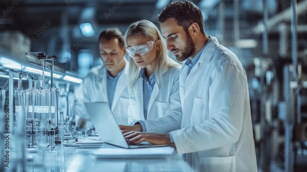 Poster three scientists are working on a laptop in a lab