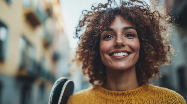 A cheerful woman with curly hair holds a skateboard while standing in an urban environment, wearing a mustard yellow sweater, exuding a vibrant and dynamic aura.