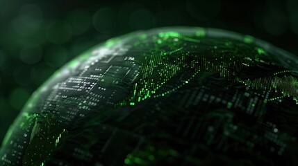 The artwork features a globe with vibrant green lights and patterns, symbolizing data and technology. It highlights interconnected networks and digital trends in a dark ambiance