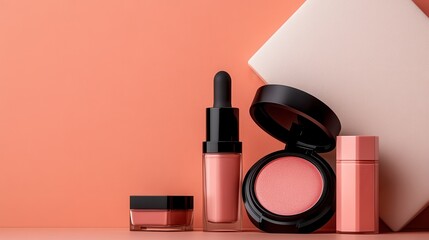 An assortment of makeup items such as foundation, blush, and lip gloss displayed against a soft pastel background, creating a visually appealing and artistic composition.