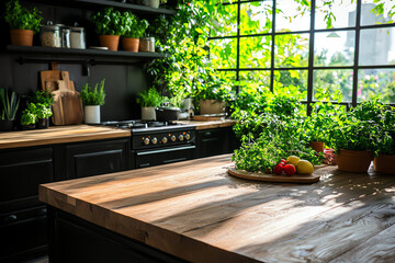 Fototapeta premium A vibrant kitchen filled with greenery, showcasing lush plants and a wooden countertop, perfect for culinary inspiration.