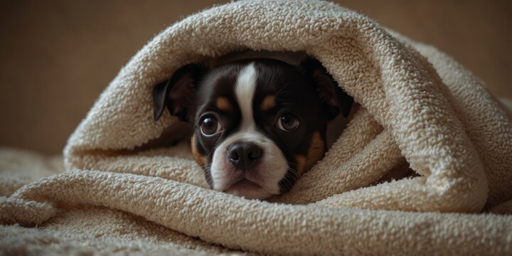 Adorable Boston terrier puppy peeking from under a cozy blanket.