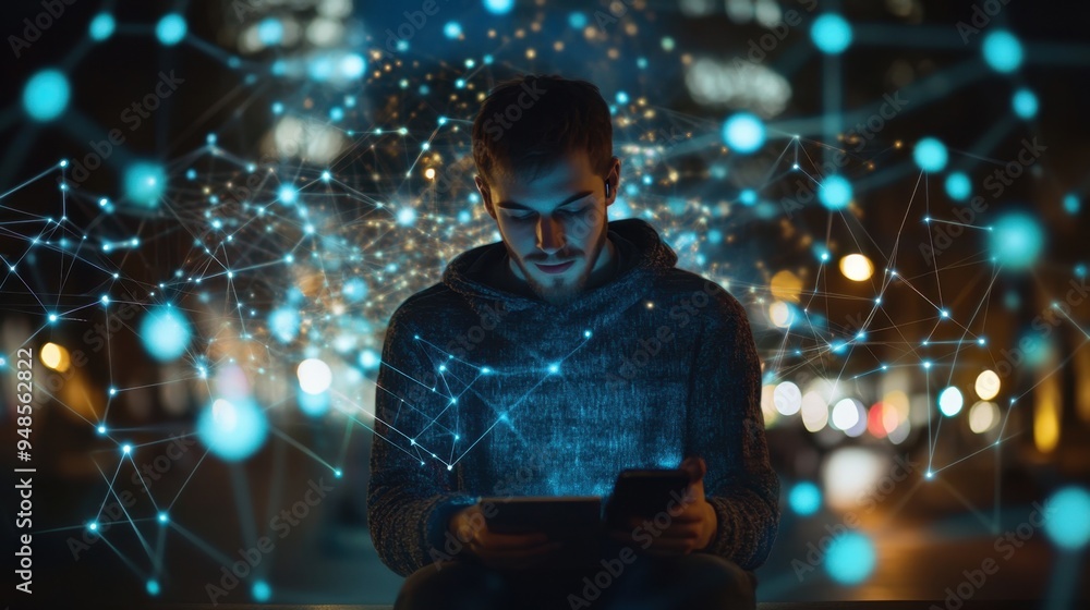Poster man browsing the internet on a smartphone and laptop, with a digital network web surrounding him, il