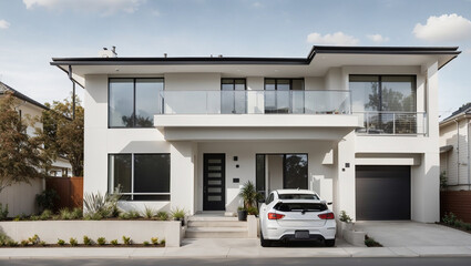 A white modern house with a balcony and a vintage white car in front. Landscaping surrounds the house.



