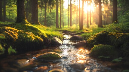 Beautiful forest landscape with a small stream, sunlight shining through the trees, and mist rising from puddles on the ground