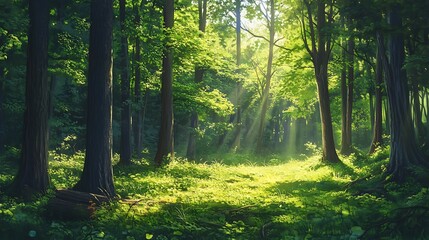 Obraz premium Sunlight Filtering Through the Trees in a Lush Forest