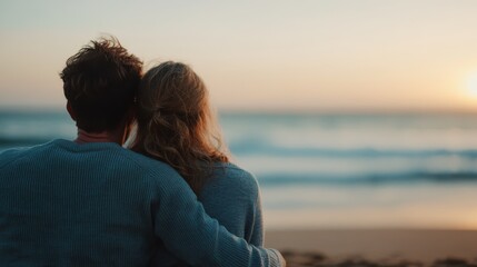A couple sitting closely together on the beach, embracing while watching a serene sunset over the ocean, showcasing a romantic and peaceful moment by the water.