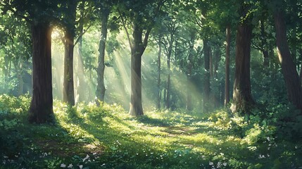 Naklejka premium Sunlight Filtering Through a Lush Green Forest