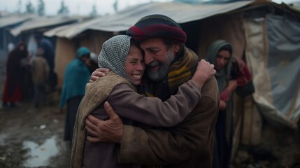 Refugee family reunited with loved ones at a camp, expressions of joy and relief, emotional embraces, sense of family bonds and resilience, temporary shelters and diverse backgrounds visible