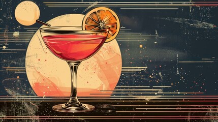 Elegant vintage art deco cocktail drink with citrus garnish in a retro bar setting at night