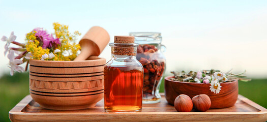 Tincture in bottle, different ingredients, mortar and pestle outdoors
