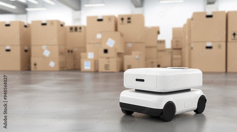 Poster a small robotic delivery unit moves efficiently across a spacious warehouse, surrounded by tall stac
