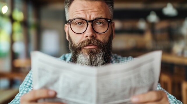 A man with a beard and glasses sits at a table in a cafГ©, holding a newspaper and looking contemplative. He appears to be engrossed in the latest news while sipping his drink - Powered by Adobe