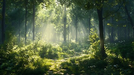 Obraz premium Sunbeams Through the Forest
