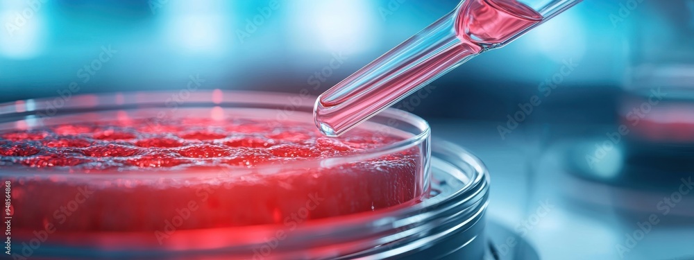 Poster a laboratory where scientists are using microorganisms to create lab-grown meat, with cells multiply