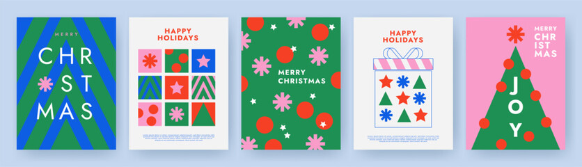 Merry Christmas and Happy New Year Set of greeting card, poster, holiday cover. Modern Xmas design in simple geometric style in green, red, pink and blue colors for ads, sales, print, season greetings