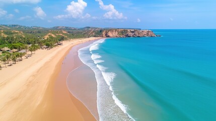 Gentle waves lap against the shore where a pristine sandy beach meets vibrant turquoise waters under a bright blue sky with fluffy clouds drifting by