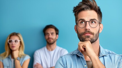 Three young adults are engaged in a thoughtful discussion. A man in front appears contemplative, while two others stand behind, indicating a collaborative environment