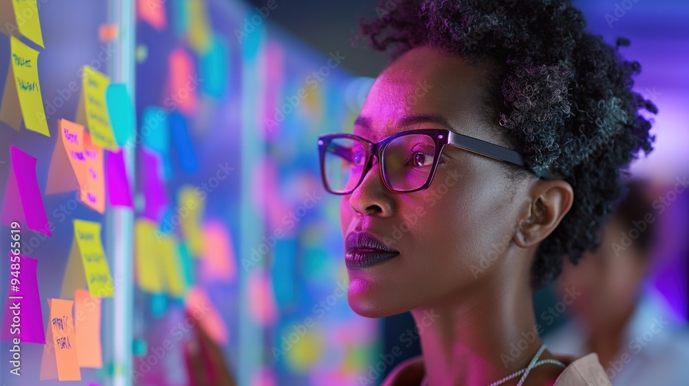 Poster a woman with glasses intently examines various colorful sticky notes on a wall, deep in thought duri