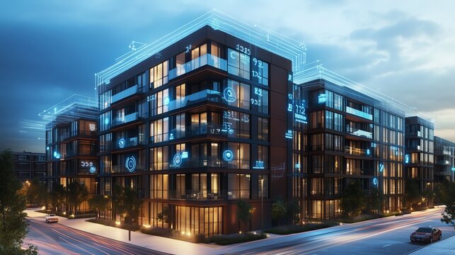Modern residential building at dusk showcasing innovative architecture and digital overlays in an urban setting
