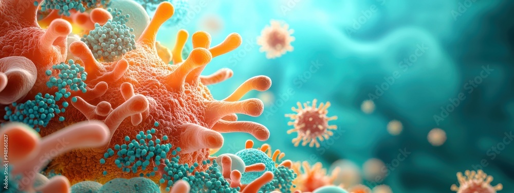 Poster a microorganism, such as a bacterium or virus, magnified to appear as a towering structure in a vast