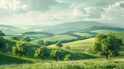 Fototapeta premium Vibrant spring landscape with rolling green hills under a bright sky full of fluffy clouds