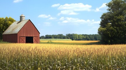 18. **A barn with a silo surrounded by fields of golden corn.