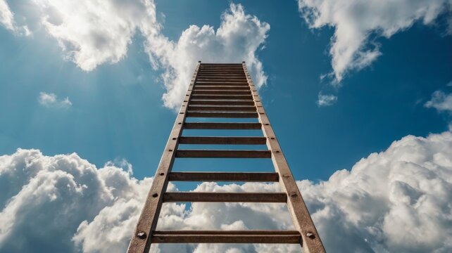 Conceptual image of ladder going up into the sky with clouds