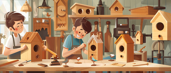 Creative Friends Crafting Birdhouses in a Woodworking Class, Playful Caricatures in Editorial Style