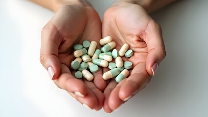 Person holding medical pills health vitamin supplements pharmacy capsules healing dosage