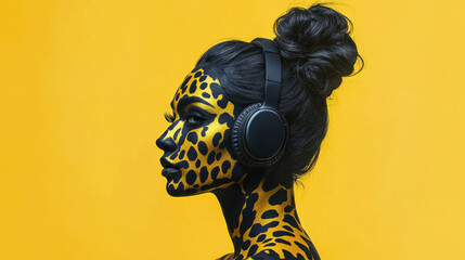 Portrait of a woman in black body paint with golden leopard spots, hair in a stylish bun,