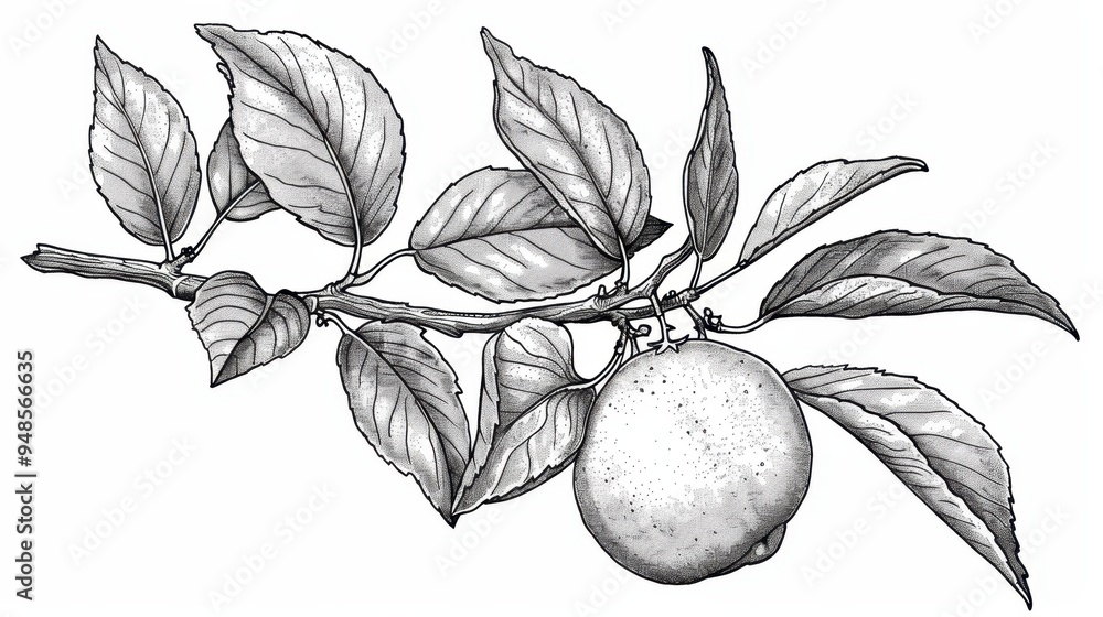 Poster simple line drawing of a lemon hanging on a branch with green leaves in a garden setting